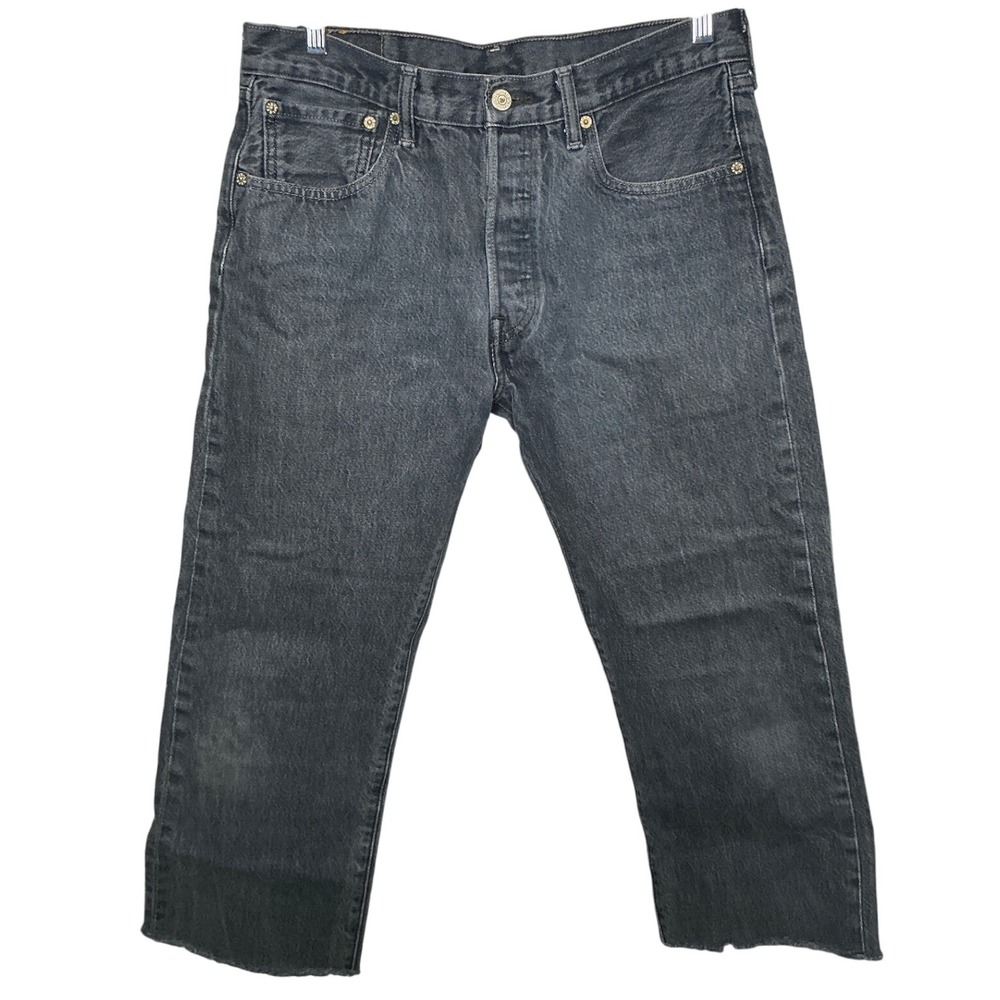 Levi Strauss 501 Mens Original Fit Black Denim Jeans 33x30 Button Fly Raw Hem